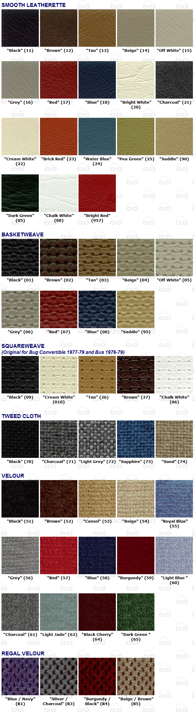 TMI VW Upholstery Fabrics - Tweed, Vinyl, Velour